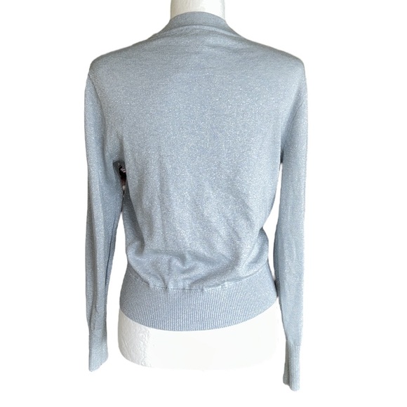 J. Crew Lurex Shimmer Metallic Baby Blue Knit Surplice Wrap Sweater Top - S - Picture 8 of 14